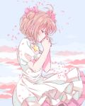  antenna_hair blue_sky bow brown_hair cardcaptor_sakura closed_eyes cloud day dress ebcho199736 from_side hair_bow hands_clasped jewelry kinomoto_sakura layered_dress necklace outdoors own_hands_together petals pink_bow pink_cloud short_hair short_sleeves sky solo star two_side_up white_dress wind wind_lift 