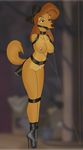  ball_gag ballet_boots bdsm bow breasts brown_hair canine disney dixie dog female folwilliar gag hair lock long_hair mammal nipple_piercing nipples piercing ribbons solo the_fox_and_the_hound unknown_artist 