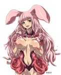  1girl animal_ears bad_id bad_pixiv_id blush breast_lift breasts large_breasts long_hair madhatter_hello melona naughty_face navel pink_hair queen's_blade solo standing tongue 