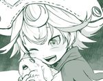  :d bangs capelet creature hat horizontal_pupils hug looking_down made_in_abyss meinya_(made_in_abyss) monochrome one_eye_closed open_mouth prushka short_hair smile usuki_(usukine1go) 