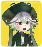  :d blush capelet gloves green_gloves green_hair green_neckwear hair_between_eyes hands_together hat highres looking_at_viewer made_in_abyss multicolored_hair necktie open_mouth prushka red_eyes short_hair smile solo two-tone_hair usuki_(usukine1go) white_hair yellow_background 