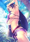  armlet armpits bikini blush breasts commentary_request cowboy_shot eyepatch_bikini fate/grand_order fate_(series) from_side large_breasts long_hair looking_at_viewer looking_to_the_side minamoto_no_raikou_(fate/grand_order) minamoto_no_raikou_(swimsuit_lancer)_(fate) parted_lips purple_bikini purple_eyes purple_hair smile solo swimsuit tokino_makoto very_long_hair 