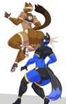  anthro anus armwear ass_to_face backsack balls big_balls big_butt butt canine cat clothing dog duo feet feline hi_res huge_butt legwear male male/male mammal mask muscular muscular_male perineum roki rokiloki rubber simple_background surprise thick_thighs voluptuous wide_hips wrestling 