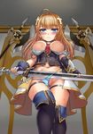  463_jun axe bangs belt between_breasts black_legwear blonde_hair blue_eyes blush breasts breasts_outside brown_belt carol_(iron_saga) closed_mouth commentary cross_hair_ornament eyebrows_visible_through_hair fingerless_gloves gloves hair_ornament highres holding holding_sword holding_weapon iron_saga long_hair medium_breasts navel necktie necktie_between_breasts nipples no_pants panties solo standing sweat sword thigh_strap thighhighs torn_clothes torn_panties underwear weapon 