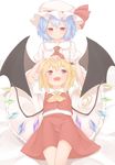  ascot bat_wings blonde_hair blue_hair brooch closed_mouth commentary_request flandre_scarlet half-closed_eyes hand_on_another's_head hat hat_ribbon highres jewelry lap_pillow lying mob_cap multiple_girls on_back open_mouth red_eyes red_ribbon red_skirt remilia_scarlet ribbon sakurea siblings simple_background sisters sitting skirt skirt_set smile touhou vest white_background white_hat wings 