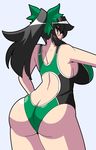 1girl artist_request ass back back_opening bare_shoulders black_hair blush bow breasts butt_crack from_behind hair_bow huge_ass large_breasts long_hair one-piece_swimsuit ponytail purple_eyes reiuji_utsuho shiny shiny_clothes shiny_hair shiny_skin sideboob smile solo swimsuit touhou 