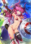  armor armored_boots armpits bangs bikini bikini_armor black_legwear blue_eyes blue_ribbon blush boots breasts broadsword cape choker commentary_request curled_horns elizabeth_bathory_(brave)_(fate) elizabeth_bathory_(fate)_(all) fate/grand_order fate_(series) hair_ribbon highres holding holding_sword holding_weapon horns knee_boots long_hair looking_at_viewer meisuke_mei navel open_mouth oversized_clothes pauldrons pink_hair pointy_ears red_armor red_bikini red_footwear ribbon shield silver_trim small_breasts solo string_bikini sweat swimsuit sword tail thighhighs tiara vambraces weapon white_cape 