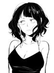  bad_id bad_twitter_id bangs bare_arms bare_shoulders blunt_bangs boku_no_hero_academia breasts cleavage closed_mouth curly_hair dress greyscale inactive_account jirou_kyouka large_breasts looking_away messy_hair monochrome nanao_(skb48_n) sanpaku simple_background solo upper_body white_background 