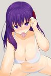  adjusting_hair blush bra breasts condom condom_in_mouth condom_wrapper fate/stay_night fate_(series) highres large_breasts long_hair looking_at_viewer matou_sakura mouth_hold panties purple_eyes solo tear_tear0320 underwear underwear_only white_bra 