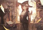  beaker black_desert_online blue_eyes book bookshelf breasts brown brown_hair cleavage clutter copyright_name crank echosdoodle flower hat highres indoors open_book paper plant scroll small_breasts solo standing vial witch_hat 