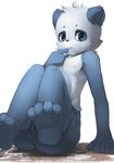  2015 anthro bear black_nose blue_eyes blue_fur child clothed clothing cub fur looking_at_viewer male mammal nipples panda ruugiaruu simple_background sitting solo topless underwear white_background white_fur young 
