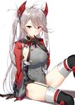  absurdres ahoge arm_support armpit_cutout azur_lane black_gloves blush breasts finger_to_mouth garter_straps gloves grey_hair grey_jacket headgear highres iron_cross jacket large_breasts long_hair messy_hair orange_eyes orihi_chihiro prinz_eugen_(azur_lane) sideboob simple_background sitting solo thighhighs twintails white_background 