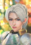  blue_eyes blurry blurry_background braid breastplate chris_lightfellow close-up closed_mouth depth_of_field earrings eyebrows fateline_alpha gensou_suikoden gensou_suikoden_iii gorget highres jewelry long_hair looking_at_viewer pink_lips plate_armor ponytail shoulder_armor silver_hair solo spaulders 
