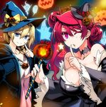 alternate_hairstyle blonde_hair blue_eyes blush braid breasts choker cleavage dress finger_to_mouth fur_trim ghost hair_bun hair_over_shoulder halloween hat ishida_akira jack-o'-lantern large_breasts long_hair long_sleeves looking_at_viewer maou_(maoyuu) maoyuu_maou_yuusha mini_hat mini_witch_hat multiple_girls one_eye_closed onna_kishi_(maoyuu) pinky_out red_eyes red_hair single_braid smile witch witch_hat 
