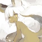  1other :3 :d animal_ears ass commentary_request eyebrows_visible_through_hair fang from_side furry horizontal_pupils looking_at_viewer made_in_abyss nanachi_(made_in_abyss) nude open_mouth paprika_shikiso parted_lips paws short_hair smile solo tail whiskers white_hair yellow_eyes 