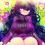  1girl ? @_@ al_bhed_eyes breasts gengar hex_maniac_(pokemon) huge_breasts jpeg_artifacts kneeling looking_up mimikyu npc_trainer pokemon pokemon_(creature) pokemon_rgby pokemon_sm pokemon_xy purple_eyes purple_hair sitting smile speech_bubble wavy_mouth 