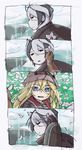  4koma black_cape black_eyes black_hair blue_eyes cape closed_mouth comic commentary_request eyebrows_visible_through_hair field flower flower_field hair_flower hair_ornament height_difference helmet highres jitome looking_at_viewer lyza made_in_abyss mi_(pic52pic) multicolored_hair multiple_girls outdoors ozen parted_lips sad short_hair smile two-tone_hair whistle white_hair 