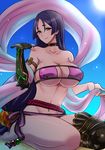  bare_shoulders bikini blue_sky blush breasts choker closed_mouth collarbone commentary_request day eyepatch_bikini fate/grand_order fate_(series) groin hagoromo ichi_(ichiyarou) large_breasts long_hair looking_at_viewer minamoto_no_raikou_(fate/grand_order) minamoto_no_raikou_(swimsuit_lancer)_(fate) navel purple_bikini purple_eyes purple_hair seiza shawl sitting sky smile solo stomach sunlight swimsuit very_long_hair 