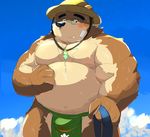  2017 anthro bear belly bhtoss blush bulge clothing eyewear fundoshi glasses hat japanese_clothing male mammal moobs overweight overweight_male solo straw_hat tokyo_afterschool_summoners underwear volos 
