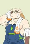 2017 anthro bear blush clothing eyewear glasses h155296 hat male mammal overalls simple_background solo straw_hat sweat tokyo_afterschool_summoners towel volos 