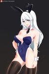  animal_ears ashe_(league_of_legends) black_background black_legwear black_neckwear blue_eyes blue_leotard blush bow breasts bunny_ears bunnysuit cameltoe contrapposto covered_navel cowboy_shot detached_collar eyebrows_visible_through_hair hair_bow hairband hand_on_hip large_breasts league_of_legends leotard long_hair looking_at_viewer necktie patreon_logo patreon_username simple_background smile solo standing thighhighs tofuubear white_hair wrist_cuffs 