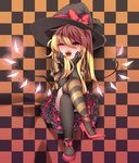  alternate_costume black_gloves black_hat black_legwear black_skirt blonde_hair bow checkered checkered_background chin_rest commentary_request crossed_legs elbow_gloves fangs flandre_scarlet frilled_skirt frills full_body gloves hair_between_eyes halloween_costume hat hat_bow high_heels long_hair looking_at_viewer mismatched_legwear open_mouth red_bow red_eyes red_footwear red_skirt shamo_(koumakantv) shoes side_ponytail sitting skirt smile solo striped striped_legwear thighhighs touhou wings witch_hat 