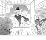  2boys autodefenestration comic double_bun facial_hair fate/grand_order fate_(series) formal frankenstein's_monster_(fate) frankenstein's_monster_(swimsuit_saber)_(fate) fujimaru_ritsuka_(male) gloves greyscale james_moriarty_(fate/grand_order) monochrome multiple_boys mustache suit tagu vest 