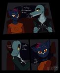  alternate_form anthro bea_(nitw) black_background blue_fur breasts cat cigarette comic duo english_text feline female fur half-closed_eyes humor looking_at_viewer mae_(nitw) mammal night_in_the_woods null_symbol pelao0o scalie simple_background text 