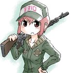  &gt;:( alternate_costume assault_rifle blush frown green_jacket gun hat jacket kotobuki_(tiny_life) long_sleeves looking_at_viewer nichijou pink_eyes pink_hair rifle short_hair solo tachibana_misato upper_body v-shaped_eyebrows weapon 