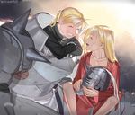  :d alphonse_elric armor bad_id bad_pixiv_id black_jacket blonde_hair closed_eyes conqueror_of_shambala dual_persona facing_another fullmetal_alchemist gloves headwear_removed helmet helmet_removed holy_pumpkin jacket long_hair long_sleeves male_focus multiple_boys older open_mouth ponytail revision skinny smile time_paradox twitter_username white_gloves 