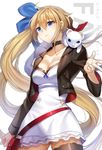  animal animal_on_shoulder arm_at_side arm_up black_legwear blonde_hair blue_bow blue_eyes boba bow breasts character_name choker cleavage clenched_hand closed_mouth collarbone commentary cowboy_shot cross dress expressionless eyebrows_visible_through_hair eyes_visible_through_hair fal_(girls_frontline) ferret girls_frontline gun hair_between_eyes hair_bow jacket layered_dress long_hair long_sleeves looking_at_viewer looking_away medium_breasts off_shoulder pouch red_ribbon ribbon side_ponytail sidelocks simple_background single_thighhigh solo standing strap thigh_strap thighhighs very_long_hair weapon white_background zettai_ryouiki 