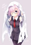  bed_sheet black-framed_eyewear black_dress black_legwear breasts commentary_request cowboy_shot dated dress fate/grand_order fate_(series) glasses grey_background hair_over_one_eye hands_up happy_halloween hood hoodie irori looking_at_viewer mash_kyrielight medium_breasts necktie open_clothes open_hoodie pantyhose pink_hair purple_eyes red_neckwear shiny shiny_hair short_dress short_hair simple_background solo tareme twitter_username 