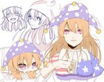  american_flag_dress blonde_hair breasts chibi clownpiece commentary_request hair_between_eyes hat itamemono jester_cap large_breasts long_hair looking_at_viewer neck_ruff older pink_eyes polka_dot purple_hat simple_background sketch star star_print striped touhou upper_body white_background 