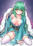  aqua_kimono areola_slip areolae bed_sheet between_legs blanket blush breasts breasts_apart closed_mouth collarbone fate/grand_order fate_(series) full_body gradient gradient_background green_hair hand_between_legs hand_up head_tilt highres horns japanese_clothes kimono kiyohime_(fate/grand_order) long_hair long_sleeves marugoshi_(54burger) medium_breasts off_shoulder open_clothes open_kimono purple_background sash single_bare_shoulder sitting smile solo thighhighs under_covers very_long_hair wariza white_legwear wide_sleeves yellow_eyes zettai_ryouiki 