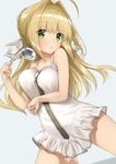  absurdres adapted_costume ahoge bangs blonde_hair blush breasts commentary_request dress eyebrows_visible_through_hair fate/extra fate/extra_ccc fate_(series) go-1 green_eyes grey_background hair_intakes hands_up highres kneeling ladle large_breasts leotard long_hair looking_at_viewer nero_claudius_(bride)_(fate) nero_claudius_(fate)_(all) open_mouth sidelocks simple_background solo white_dress white_leotard zipper 