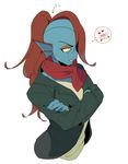  anthro clothed clothing eye_patch eyewear female fish hair hair_over_eye jacket marine red_hair scarf shirt simple_background solo suamochi undertale undyne video_games white_background yellow_eyes 