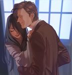  1girl aconitea bad_id bad_pixiv_id black_hair brown_hair character_request closed_eyes doctor_who eleventh_doctor formal hair_over_one_eye highres hug long_hair open_mouth smile suit the_doctor upper_body 