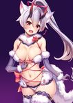  1girl :o alternate_color animal_ears bangs bare_shoulders blush breasts cat_ears cosplay cowboy_shot dangerous_beast elbow_gloves eyebrows_visible_through_hair fangs fate/grand_order fate_(series) fingernails fur-trimmed_gloves fur-trimmed_legwear fur_trim gloves gradient gradient_background hair_between_eyes hair_ribbon head_tilt headband high_ponytail highres horns lace large_breasts long_hair looking_at_viewer mash_kyrielight mash_kyrielight_(cosplay) nail_polish navel o-ring oni_horns open_mouth panties pink_ribbon ponytail pupupu_(1053378452) purple_background purple_gloves purple_legwear purple_nails red_eyes revealing_clothes ribbon sharp_fingernails shiny shiny_hair shiny_skin silver_hair slit_pupils solo standing stomach thighhighs tomoe_gozen_(fate/grand_order) underwear v-shaped_eyebrows white_headband white_legwear white_panties 
