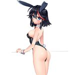  animal_ears ass bare_arms bare_shoulders black_hair blush breasts bright_pupils bunny_ears bunny_tail bunnysuit closed_mouth cowboy_shot detached_collar from_behind hair_between_eyes highleg highleg_leotard kill_la_kill leotard looking_at_viewer looking_back matoi_ryuuko medium_breasts mittsun multicolored_hair red_hair red_neckwear shiny shiny_hair short_hair sideboob sidelocks simple_background solo standing streaked_hair sweat tail thighs thong_leotard tsurime two-tone_hair v-shaped_eyebrows white_background wrist_cuffs 