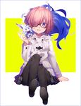  alternate_costume bangs black-framed_eyewear black_footwear black_legwear black_skirt blush creature duffel_coat eyebrows_visible_through_hair fate/grand_order fate_(series) fou_(fate/grand_order) glasses hair_over_one_eye hakusai_(tiahszld) looking_at_viewer mash_kyrielight miniskirt on_shoulder open_mouth pantyhose pink_hair plaid plaid_skirt purple_eyes short_hair sitting skirt smile solo two-tone_background white_background yellow_background 