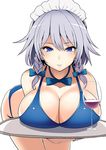  amisu bangs bare_shoulders bikini blue_bikini blue_bow blue_eyes blue_neckwear bow braid breast_rest breasts breasts_on_tray carried_breast_rest cleavage closed_mouth collarbone cup drinking_glass eyebrows_visible_through_hair hair_bow halterneck highres izayoi_sakuya large_breasts light_smile lips looking_at_viewer maid_headdress silver_hair simple_background smile solo swimsuit touhou tray twin_braids white_background 
