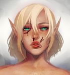  2017 bangs blonde_hair blood cakiebakie digital_media_(artwork) elf facial_scar female freckles green_eyes hair half-closed_eyes headshot_portrait hi_res humanoid lips looking_at_viewer nosebleed not_furry pointy_ears portrait scar simple_background solo tan_skin teeth white_background 