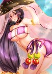  :d armlet bent_over bikini blush breasts choker collarbone commentary_request cowboy_shot eyepatch_bikini fate/grand_order fate_(series) highres ichimegasa large_breasts long_hair looking_at_viewer meisuke_mei minamoto_no_raikou_(fate/grand_order) minamoto_no_raikou_(swimsuit_lancer)_(fate) open_mouth purple_bikini purple_eyes purple_hair smile solo swimsuit very_long_hair wet 