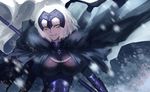  armor armored_dress bangs black_cloak breasts chain cloak commentary_request eyebrows_visible_through_hair fate/grand_order fate_(series) flag fur_trim grin hair_between_eyes headpiece highres jeanne_d'arc_(alter)_(fate) jeanne_d'arc_(fate)_(all) large_breasts looking_at_viewer motion_blur pale_skin plackart red-d short_hair smile snowing solo upper_body white_hair wind winter yellow_eyes 