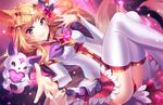  1girl ahri alternate_costume alternate_hair_color animal_ears bare_shoulders breasts fox_ears fox_tail large_breasts league_of_legends long_hair magical_girl peach_hair purple_eyes skirt smile solo star_guardian_ahri thigh_boots tiara 