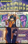  2017 anthro beauty_mark blue_hair breasts building canine carmelita_fox chest_tuft cleavage clothed clothing collar comic dialogue dimitri_lousteau dress ear_piercing fox fur gown hair heresy_(artist) hotel inside laser lizard mammal multicolored_fur orange_fur outside piercing purple_skin reptile scalie sly_cooper_(series) speech_bubble text tuft two_tone_fur video_games white_fur 