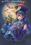 &gt;_&lt; absurdres alternate_costume alternate_hair_length alternate_hairstyle black-framed_eyewear blue_hair blush_stickers chinese_clothes commentary detached_sleeves drone fangs full_moon glasses happy_halloween hat highres jiangshi jiangshi_mei long_hair low_twintails mei_(overwatch) moon ofuda outstretched_arms overwatch sleeves_past_wrists snowball_(overwatch) solo sommimi twintails yellow_eyes zombie_pose 
