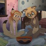  2017 ajdurai anthro bed blonde_hair breasts brown_fur caleb_(ajdurai) candy cat cub dipstick_tail duo feline female fin food fur gothbunnyboy green_eyes hair ketzio11 male mammal multicolored_tail mustelid naomi_(ajdurai) nipples nude open_mouth otter penis pillow pink_belly pink_fur pussy small_breasts tail_fin young 
