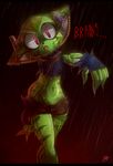  2017 anthro black_nose breasts carol_tea clothing english_text female fingerless_gloves freedom_planet fur gloves green_fur midriff navel open_mouth pedrovin red_eyes scar scarf solo text undead video_games wet zombie 