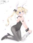  animal_ears bangs bare_arms bare_shoulders black_bow black_footwear black_legwear black_leotard blonde_hair blue_eyes blush bow breasts bunny_ears bunny_girl bunny_tail bunnysuit collarbone commentary_request dated earrings eyebrows_visible_through_hair full_body hair_between_eyes hair_bow high_heels highres holding holding_tray jewelry leotard looking_at_viewer original pantyhose parted_lips signature simple_background small_breasts solo strapless strapless_leotard tail tia-chan tray twintails uchuuneko uneven_twintails wavy_mouth white_background wrist_cuffs 